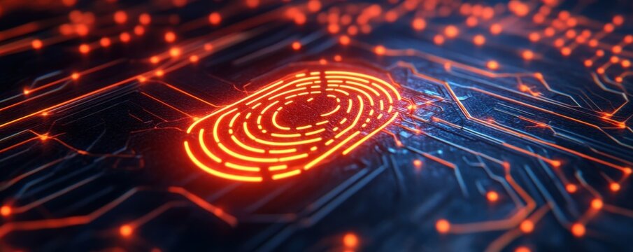 A futuristic image featuring a glowing fingerprint pattern on a circuit board, symbolizing technology and security.