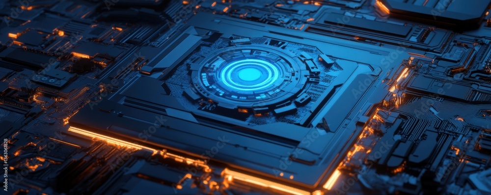 Poster a futuristic circuit board with a glowing blue center, showcasing intricate patterns and glowing lin