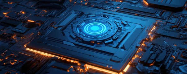 A futuristic circuit board with a glowing blue center, showcasing intricate patterns and glowing lines in dark tones.