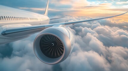 Flying Above Clouds Modern Airplane Engine Wing View at Sunset