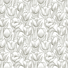 Seamless pattern of tulips with leaves in a monochromatic brown line art style, creating a delicate floral design on a white background.