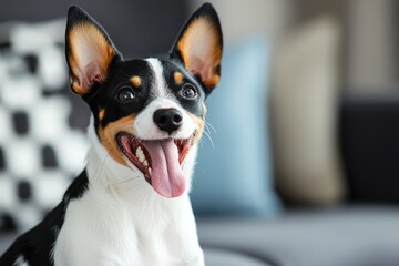 Happy dog with black and white markings lounging in a cozy indoor setting with soft furnishings and good lighting