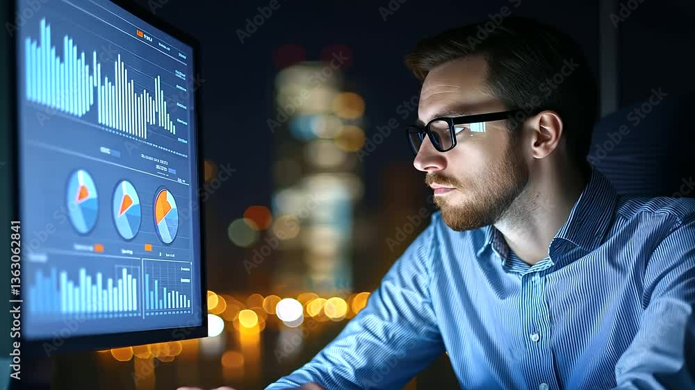 Poster a data analyst examines customer metrics on a computer in a sleek, contemporary office setting.