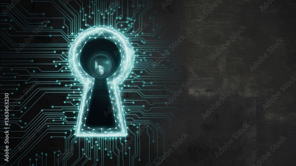 Poster digital lock: a luminous digital keyhole glows against a backdrop of circuit boards and a dark textu