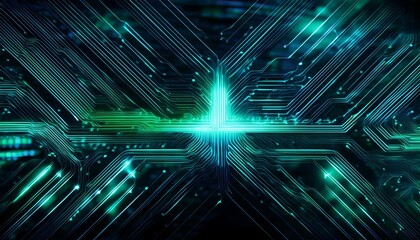 a sleek high tech background featuring glowing emerald green and cyan circuit lines forming an intricate digital network on a deep black backdrop