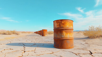 Obraz premium rusted oil barrels in a cracked desert landscape, ideal for environmental awareness, pollution themes, and post-apocalyptic concepts