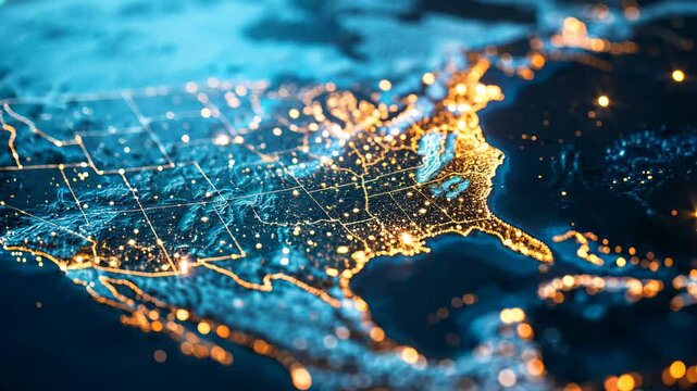 Illuminated gold and blue digital map of USA, states division, North America connectivity lights
