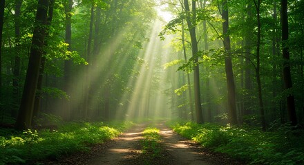 Obraz premium Sunlight Streaming Through a Serene Forest Path