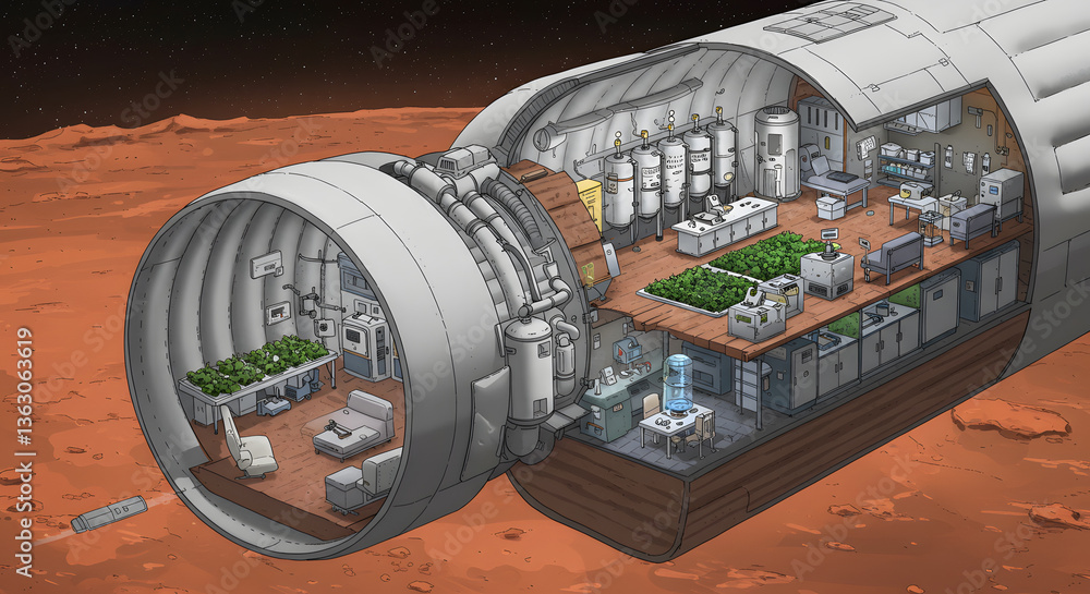 Poster martian habitat: a detailed illustration offers a glimpse inside a conceptual habitat on mars, showi