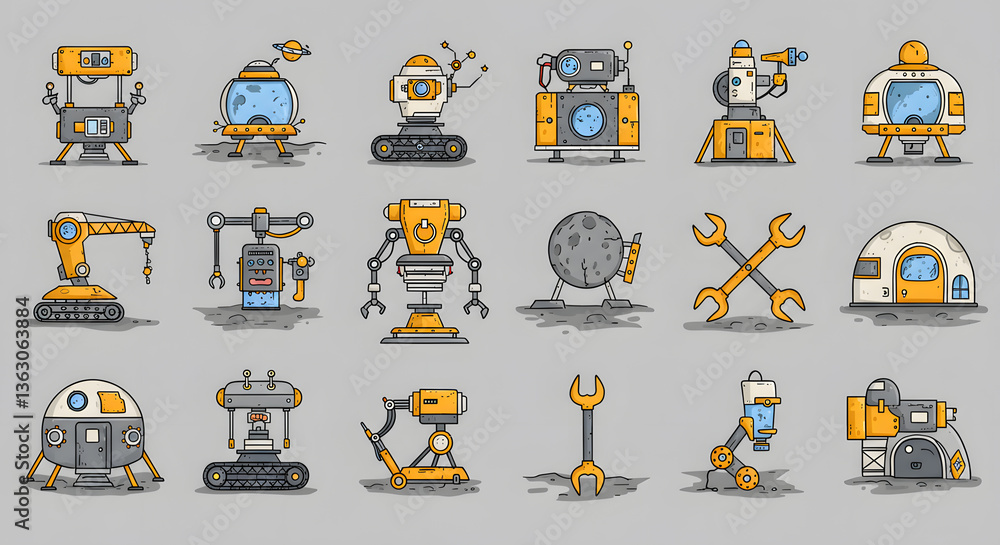 Poster robotic array: a creative display of futuristic robot designs, featuring intricate details, vibrant 