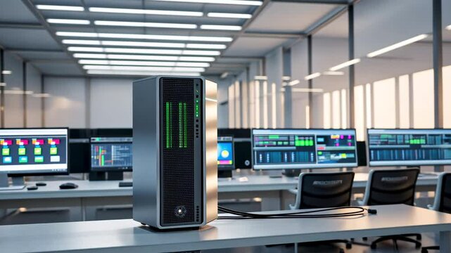 Modern data center with multiple computer screens and centralized server unit