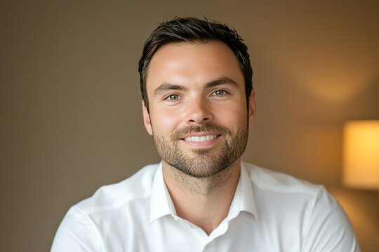A tranquil bedroom with earthy tones, floating bedside tables, and soft recessed lighting in the ceiling - Powered by Adobe