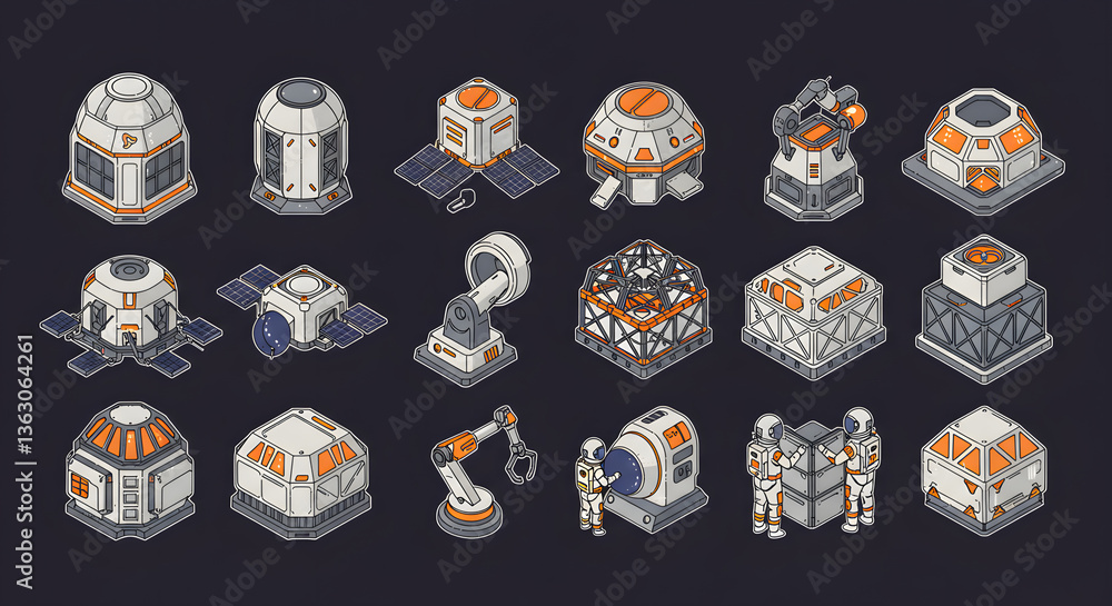 Aufkleber futuristic structures: an illustration showcases a collection of stylized futuristic structures, rem