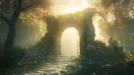 Enchanted Glowing Portal in a Lush Green Forest Leading to a Mystical Realm