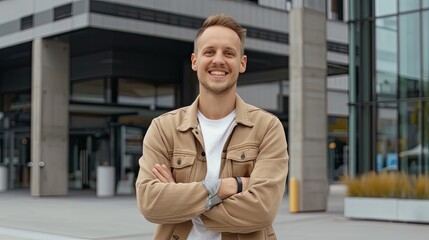 Smiling man wearing jacket standing outside of a building