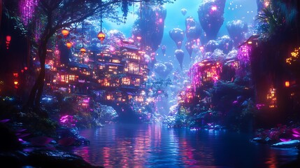 Enchanted Neon Forest Village with Floating Islands and Glowing Lanterns in a Mystical Fantasy World