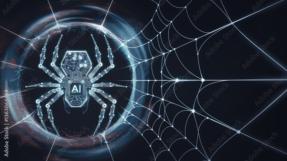Poster ai-powered web spider: a futuristic portrayal of an ai-powered spider web, symbolizing the advanced 