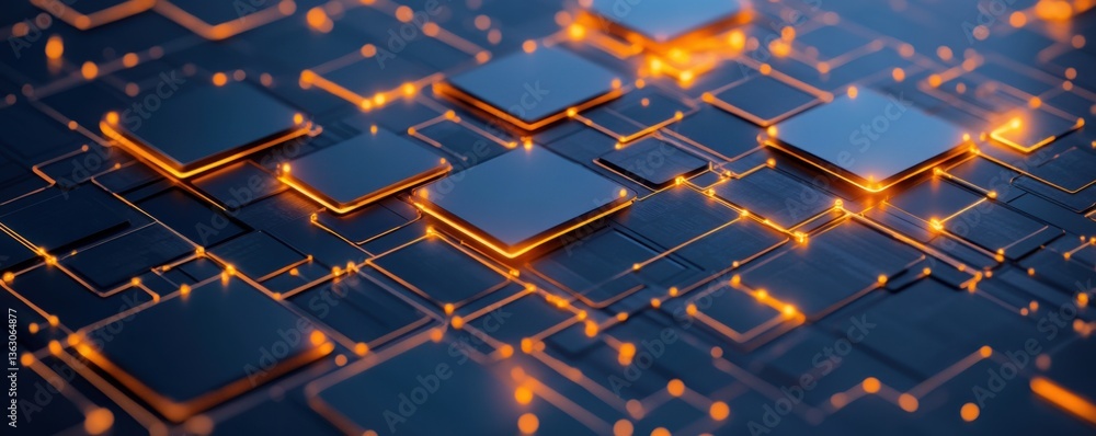 Poster a high-tech digital circuit board with glowing orange lines on a dark background, showcasing an intr