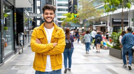 A smiling young man stands confidently in an urban setting