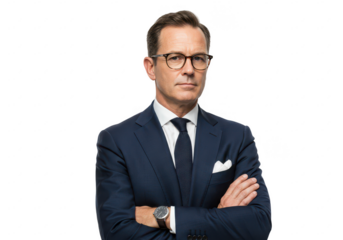 A professional middle aged man in a tailored navy blue suit and standing arms crossed isolated on transparent background