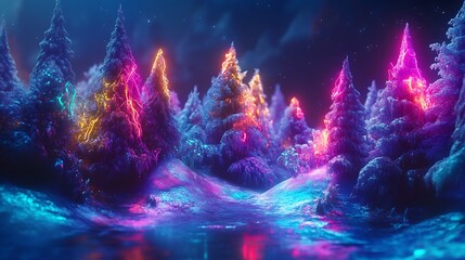 Enchanted Neon Winter Forest with Glowing Trees and Magical Reflections on Frozen Water