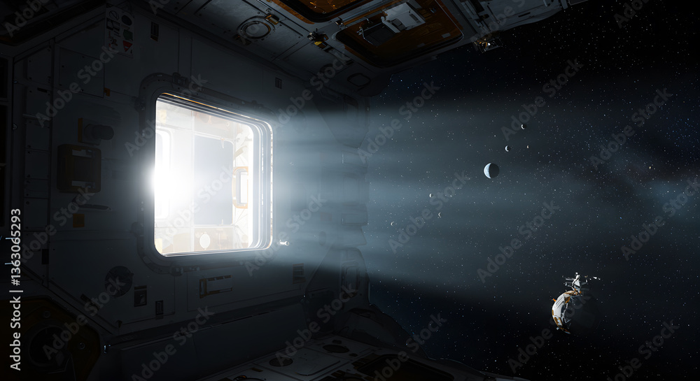 Poster window to the cosmos: a luminous beacon streams through the spacecraft window, illuminating the inte