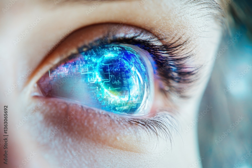 Poster eye reflecting digital technology and futuristic innovation in a close-up view during daylight hours