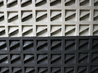 Black and White Abstract Geometric Pattern of Architectural Structure, Symmetrical Grid Design with Light and Shadow Contrast, Minimalist Modern Architecture, Industrial Aesthetic