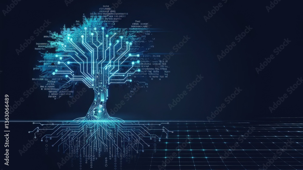 Poster digital growth: an artistic representation of a tree composed of circuit boards, with roots and bran