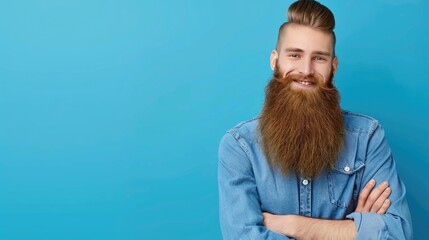 A happy bearded man smiles confidently on a solid background