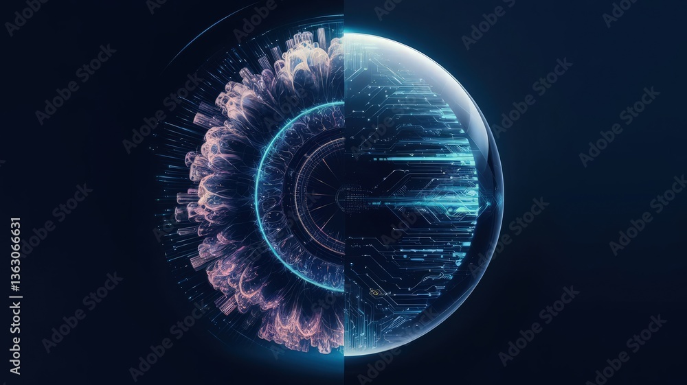 Poster vision of technology: a captivating visual blend of human eye with technology, merging biological wi