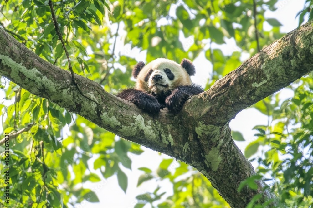 Poster panda relaxing on a tree branch in a lush green forest during a sunny day