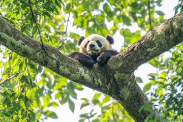 Obraz premium Panda relaxing on a tree branch in a lush green forest during a sunny day