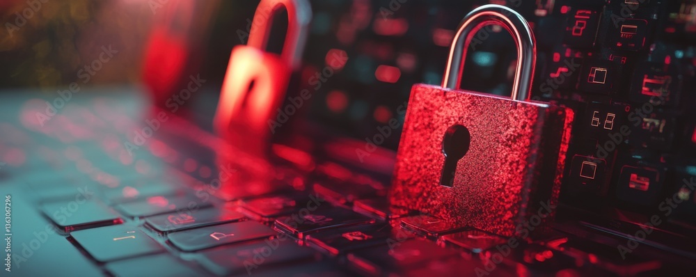 Poster a close-up of a keyboard with red lighting, featuring padlocks symbolizing cybersecurity and digital