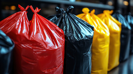 A close-up of red, yellow, and black hospital waste bags, labeled for different types of medical waste