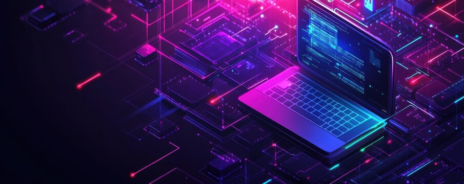 A vibrant, digital scene featuring a laptop surrounded by colorful circuitry and code, representing technology and innovation.