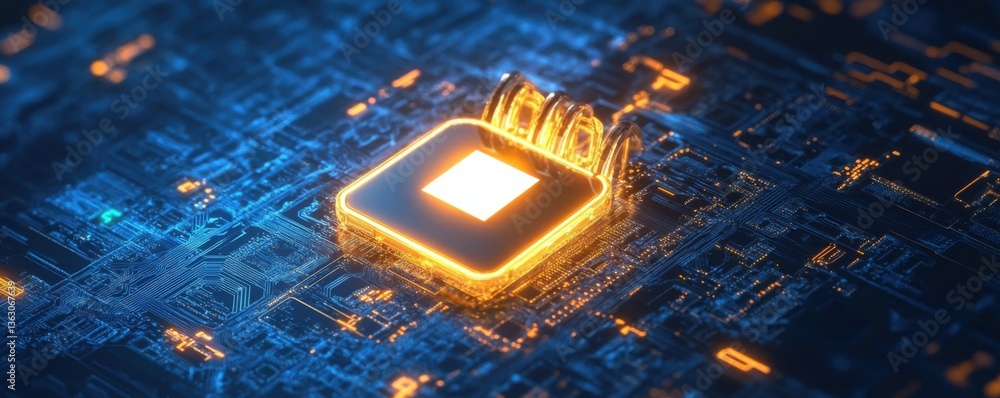 Poster a glowing computer chip on a complex circuit board, symbolizing advanced technology and innovation i
