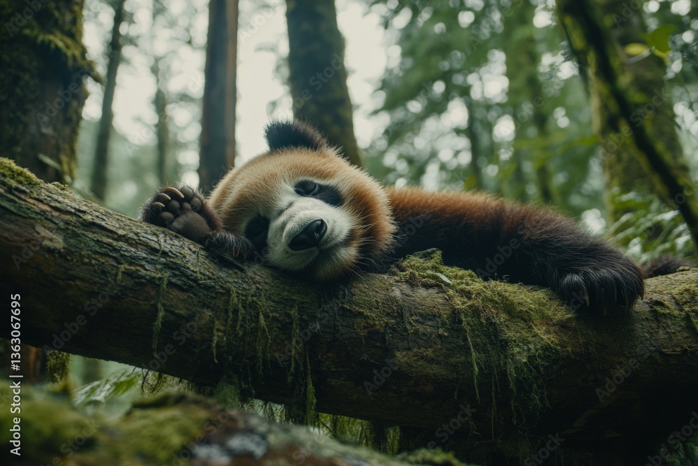 Poster panda resting on a moss-covered log in a lush forest during a tranquil afternoon