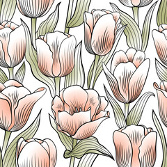 Seamless pattern of pink tulips with green leaves, illustrated in a delicate, repeating floral design on a white background.
