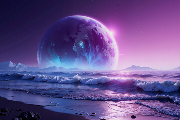 A surreal beach scene with a large, glowing blue planet rising above the waves, casting a purple hue over the sky and sea