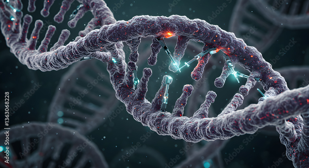 Poster dna helix: a close-up view of a vibrant dna double helix structure, representing the intricate and e