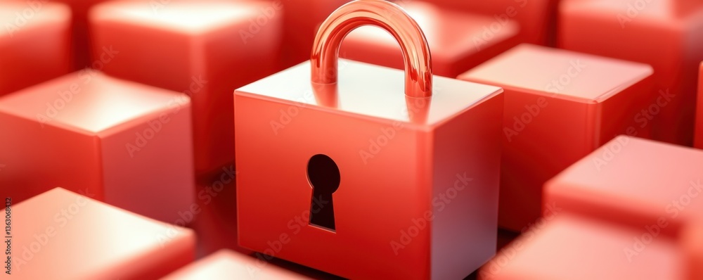 Poster a shiny red padlock sits among red blocks, symbolizing security and protection in a digital or physi