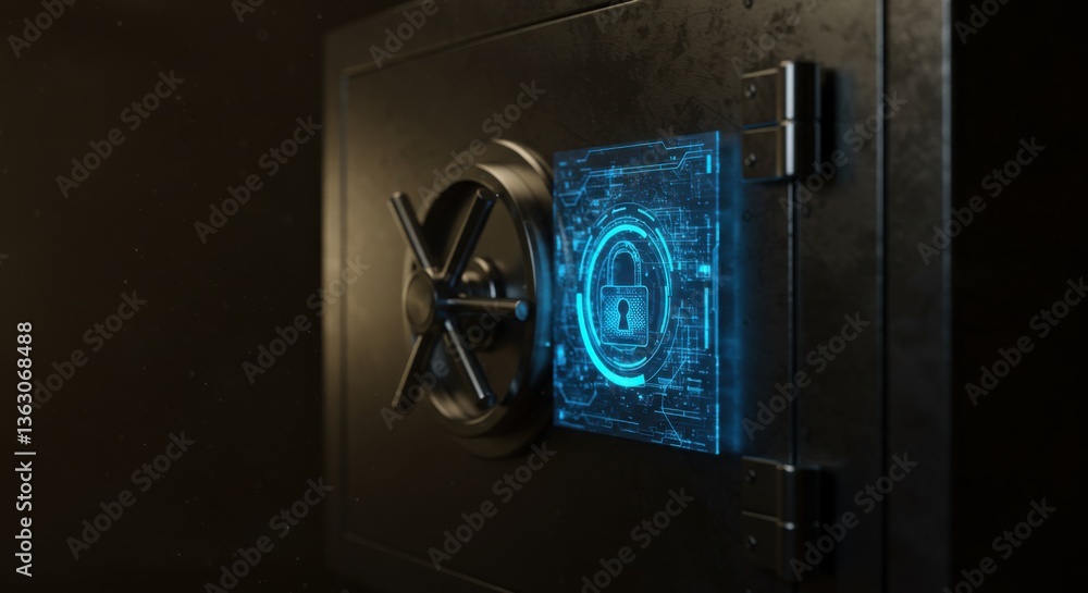 Poster a close-up shot of a dark-colored bank vault door with a large, round handle on the left and a trans