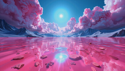 A surreal landscape featuring a pinktinted lake surrounded by mountains under a bright blue sky filled with fluffy pink clouds and a glowing sun