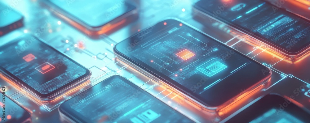 Poster a futuristic display of smartphones with glowing interfaces on a circuit-like background, showcasing