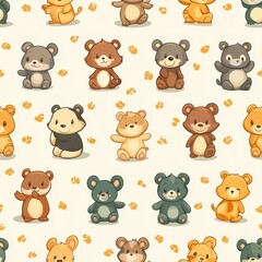 Fototapeta premium seamless Adorable collection of soft teddy bears in various poses and colors creating a heartwarming and cozy atmosphere