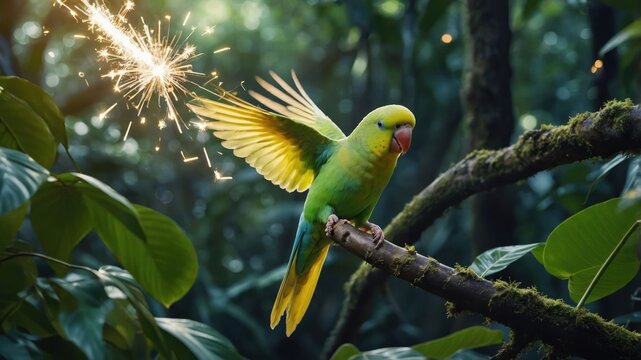 A vibrant parakeet perched on a branch, with a spark of light in a lush environment.