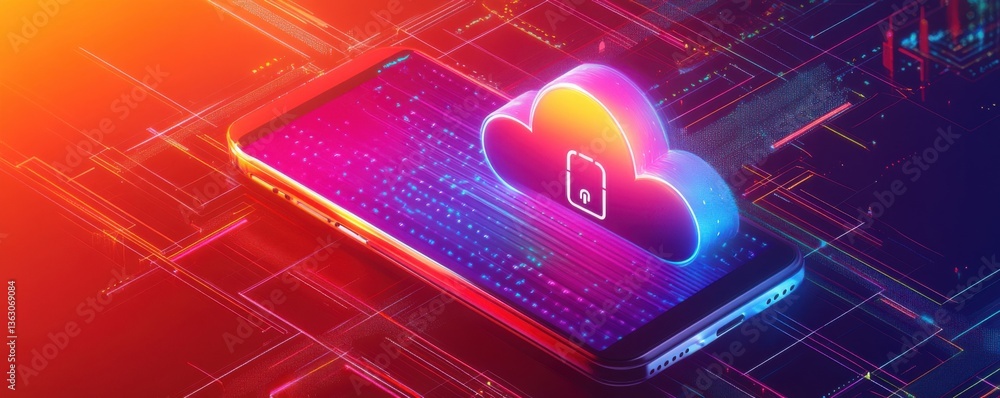 Poster a vibrant smartphone displays a cloud icon, symbolizing secure data storage and connectivity in a di