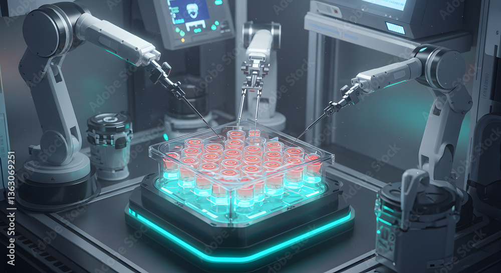 Poster robotic precision: cutting-edge robotic arms perform delicate tasks within a sterile laboratory envi