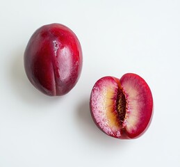 Fresh and Juicy Red Plum on a White Background, Whole and Sliced, Highlighting Its Vibrant Color and Delicious Interior for Culinary Use